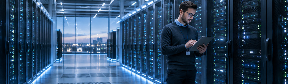 Серверная инфраструктура - специалист настраивает серверное оборудование в дата-центре